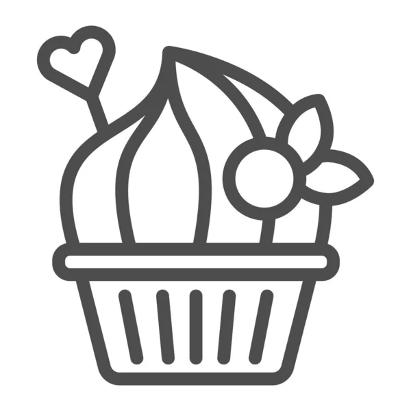 Marshmallow cake met bessen lijn pictogram, Verjaardag cupcake concept, dessert met toppings teken op witte achtergrond, muffin met room en hart decor pictogram in omtrek stijl. vectorgrafieken. — Stockvector