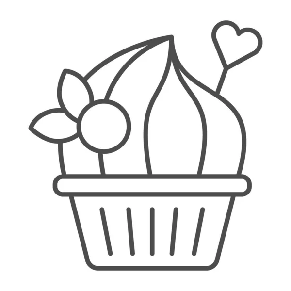 Marshmallow-Kuchen mit Beeren dünne Linie Symbol, Geburtstag Cupcake-Konzept, Dessert mit Toppings Zeichen auf weißem Hintergrund, Muffin mit Sahne und Herz-Dekor-Symbol in Umriss Stil. Vektorgrafik. — Stockvektor