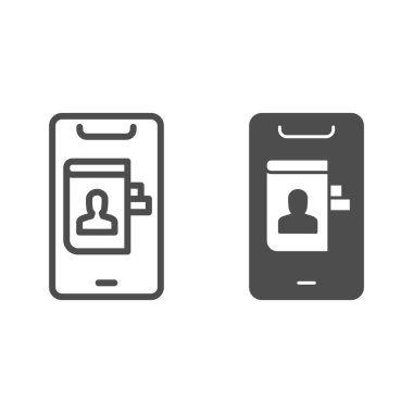 Akıllı telefon hattı içindeki telefon rehberi ve sağlam ikon, akıllı telefon değerlendirme konsepti, beyaz arka planda mobil tabela ile temas, mobil konsept için telefon ekranı simgesi ile avatar. Vektör grafikleri.