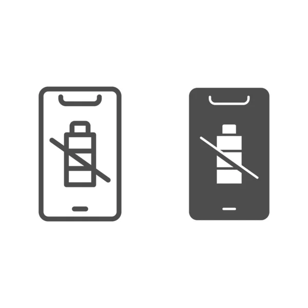 Batterie vide sur la ligne du smartphone et icône solide, concept de smartphone, faible niveau de charge de la batterie sur panneau de téléphone sur fond blanc, mobile avec icône de niveau d'énergie dans le style contour. Graphiques vectoriels. — Image vectorielle