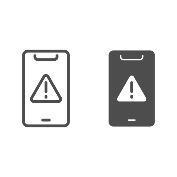 Mobile avec point d'exclamation en triangle et icône solide, concept smartphone, panneau d'alerte smartphone sur fond blanc, panneau d'attention sur l'icône téléphone dans le style contour. Graphiques vectoriels. — Image vectorielle