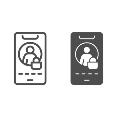 Akıllı telefon hattı ve sağlam ikon, akıllı telefon konsepti, beyaz arkaplandaki avatar işaretine kilitlenmek, mobil konsept ve web tasarımı için ana hatlarda iletişim simgesini bloke etmek. Vektör grafikleri.