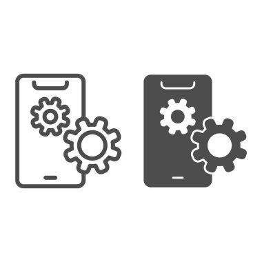 Akıllı telefon ayarı çizgisi ve sağlam simge, akıllı telefon değerlendirme konsepti, beyaz arka planda teçhizat imgesi olan telefon ekranı, web tasarımı için ana hatlı mobil özelleştirme simgesi. Vektör grafikleri.