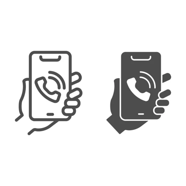 Inkomende oproep op smartphone scherm lijn en solide pictogram, smartphone review concept, telefoon pictogram op het mobiele scherm in de hand teken op witte achtergrond, telefoon in de hand pictogram in contouren stijl. vectorgrafieken. — Stockvector