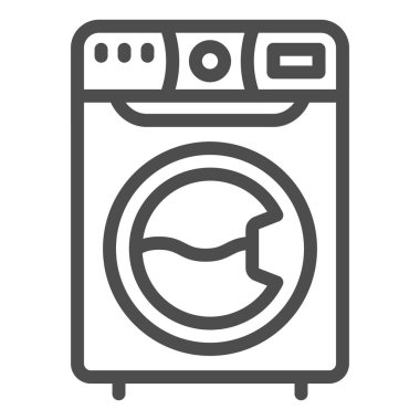 Çamaşır makinesi çizgisi simgesi, temizlik hizmeti konsepti, beyaz arka planda çamaşırhane tabelası, mobil konsept ve web tasarımı için taslak biçimli çamaşır makinesi simgesi. Vektör grafikleri.