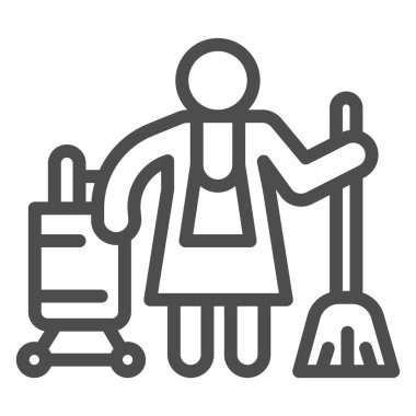 Otel hizmetçisi çizgisi ikonu, temizlik servisi konsepti, temizlikçi kadının beyaz arka planda imzası, tasarım ve mobil tasarım için taslak tarzında ekipman ikonu olan üniformalı hizmetçi. Vektör grafikleri.