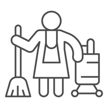 Hotel maid thin line icon, Cleaning service concept, Cleaning lady sign on white background, Housemaid in uniform with equipment icon in outline style for mobile and web design. Vector graphics. clipart