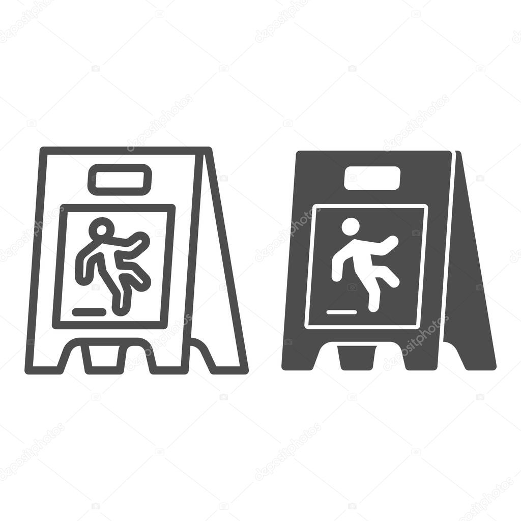 Wet floor line and solid icon, Cleaning service concept, caution wet floor standing sign on white background, board with falling man icon in outline style for mobile, web design. Vector graphics.