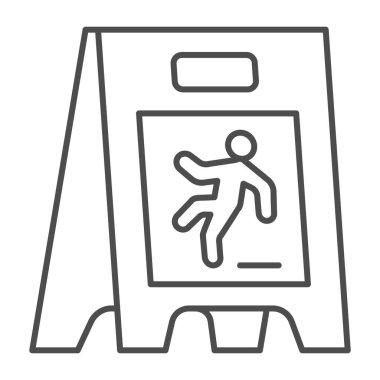 Islak zemin, ince çizgi simgesi, temizlik hizmeti konsepti, beyaz arka planda ıslak zemin tabelası, mobil tasarım için ana hatlarıyla düşen adam simgesi, web tasarımı. Vektör grafikleri.