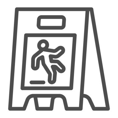 Islak zemin çizgisi ikonu, temizlik hizmeti konsepti, beyaz arka planda ıslak zemin tabelası, mobil tasarım için ana hatlarıyla düşen adam simgesi, web tasarımı. Vektör grafikleri.