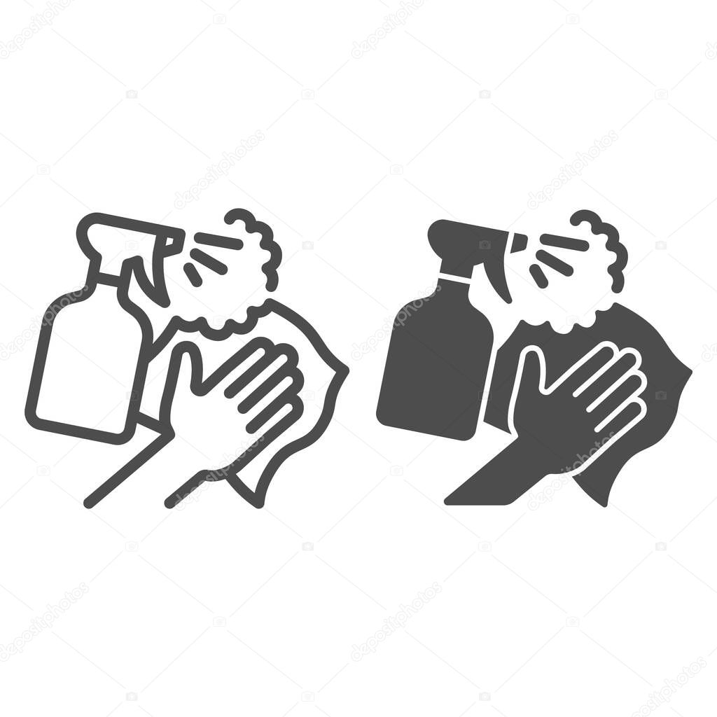 Spray bottle with cleaning napkin line and solid icon, Cleaning concept, surface wiping with absorbent tissue sign on white background, spray and absorbent cloth icon outline style. Vector graphics.