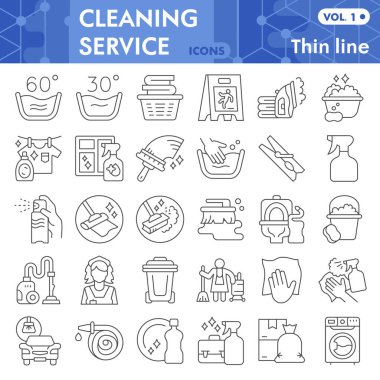 Temizlik servisi ince çizgi simgesi seti, temizleme araçları sembolleri koleksiyonu veya taslakları. Web ve uygulama için ev temizleme servisi doğrusal tabelaları. Beyaz arkaplanda izole edilmiş vektör grafikleri.