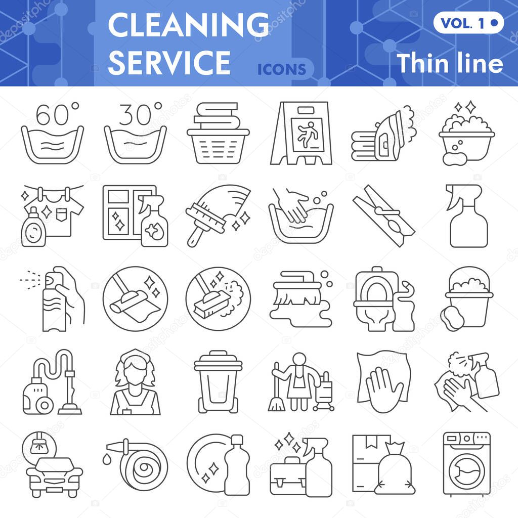 Cleaning service thin line icon set, Cleaning tools symbols collection or sketches. Home cleanup service linear style signs for web and app. Vector graphics isolated on white background