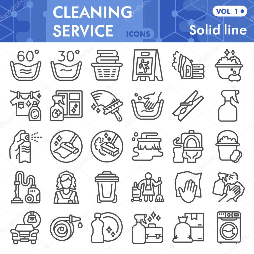 Cleaning service line icon set, Cleaning tools symbols collection or sketches. Home cleanup service linear style signs for web and app. Vector graphics isolated on white background