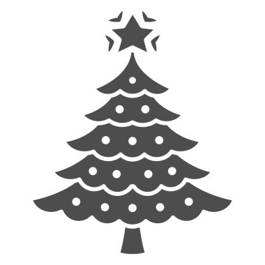 Noel ağacı simgesi, yeni yıl konsepti, beyaz arka planda köknar ağacı tabelası, dekorasyonlu Noel ağacı ve mobil ve web tasarımı için sembol şeklinde yıldız simgesi. Vektör grafikleri.