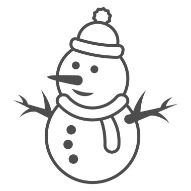 Kardan adam ince çizgi ikonu, Dünya karlı günü konsepti, beyaz arka planda Kar Adam imzası, gezici konsept ve web tasarımı için ana hatlı şapka ve eşarp ikonu. Vektör grafikleri.