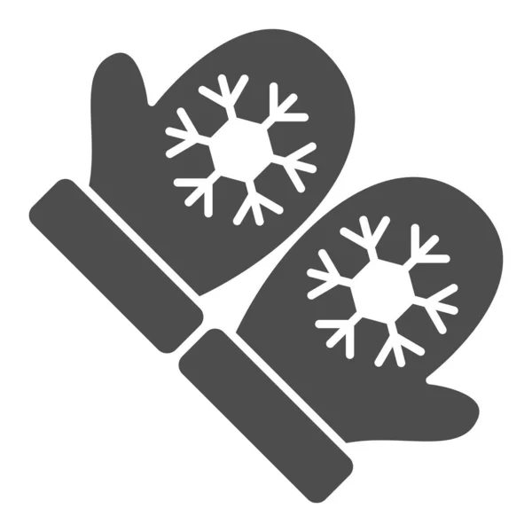 Снежинки на сплошной иконе варежки, концепция Всемирного дня снега, пара вязаных рождественских варежки знак на белом фоне, варежка икона в глифическом стиле для мобильных и веб-дизайна. Векторная графика. — стоковый вектор