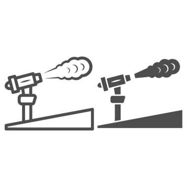 Kar topu hattı ve katı ikon, Dünya Kar Günü konsepti, beyaz arka planda kayak merkezi ve ekipman sembolü, mobil konsept ve web tasarımı için ana hatlı kar makinesi simgesi. Vektör grafikleri.