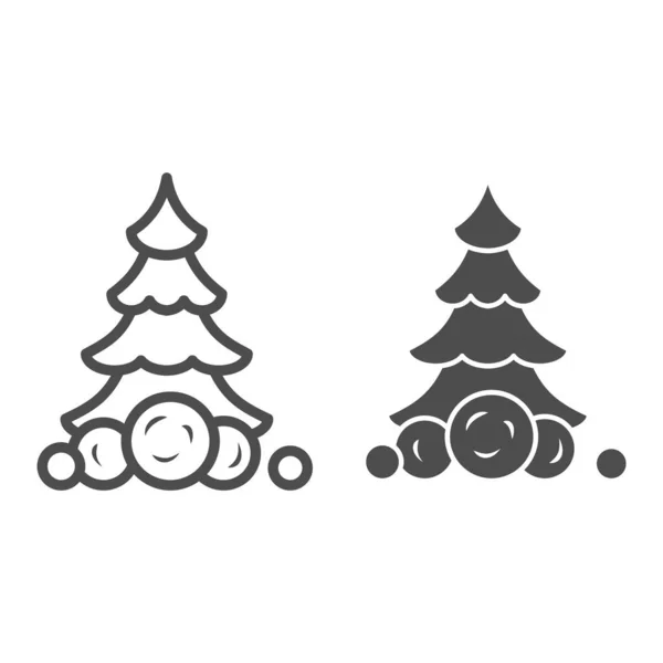 Christmas tree in snow and snowballs line and solid icon, World snow day concept, fir-tree sign on white background, Christmas tree icon in outline style for mobile and web design. Vector graphics. — Stock Vector