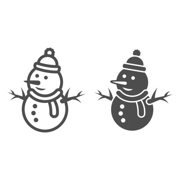 Línea muñeco de nieve e icono sólido, World snow day concept, Snow Man sign on white background, Snowy snowman in hat and scarf icon in outline style for mobile concept and web design. Gráficos vectoriales. — Archivo Imágenes Vectoriales