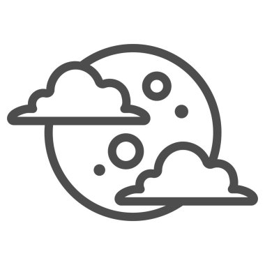 Bulut çizgisi ikonunda ay, hava tahmini konsepti, beyaz arka planda gece gökyüzü işareti, mobil konsept ve web tasarımı için ana hatlarıyla belirlenmiş bulutlu gökyüzü simgesi içinde dolunay. Vektör grafikleri.