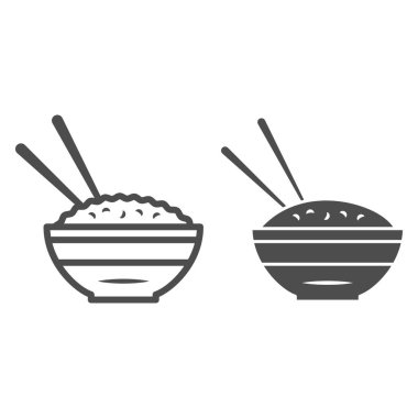 Pirinç kasesi ve yemek çubukları hattı ve katı ikon, Çin ya da Japon mutfağı konsepti, beyaz arka planda bir tabak yiyecek tabelası, yemek ve yemek çubuğu ikonu web tasarımı için ana hatlarda. Vektör grafikleri.