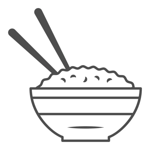 Рисовая миска и палочки тонкая линия икона, китайская или японская кухня концепции, тарелка с пищевым знаком на белом фоне, еда и палочки икона в набросок стиль для веб-дизайна. Векторная графика. — стоковый вектор