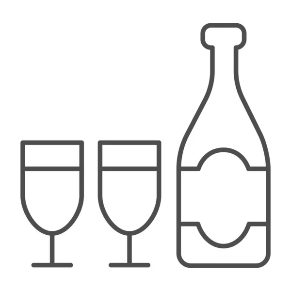 Bottiglia e bicchiere di champagne linea sottile icona, Natale e Capodanno concetto, spumante in due bicchieri segno su sfondo bianco, alcol per l'icona vacanza in stile contorno. Grafica vettoriale. — Vettoriale Stock
