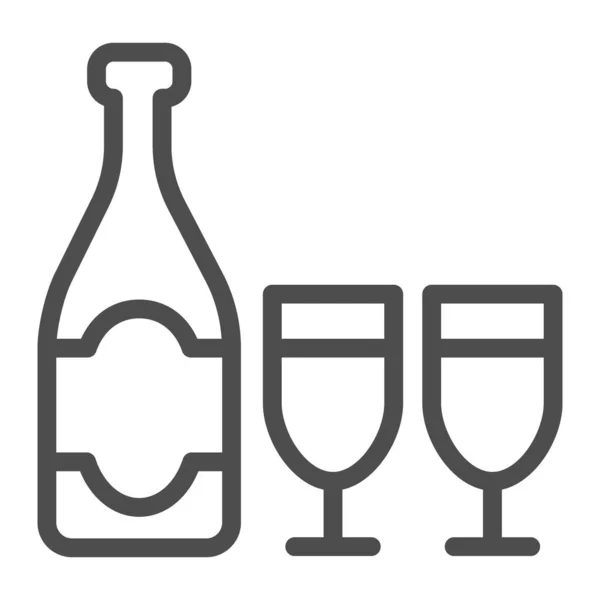 Bottiglia e bicchiere di champagne linea icona, Natale e Capodanno concetto, spumante in due bicchieri segno su sfondo bianco, alcol per l'icona vacanza in stile contorno. Grafica vettoriale. — Vettoriale Stock