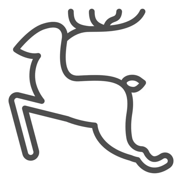 白い背景にトナカイのサインをジャンプ鹿のラインアイコン、クリスマスと新年のコンセプトを実行して、ウェブデザインのアウトラインスタイルで角のアイコンを持つ野生動物。ベクトルグラフィックス. — ストックベクタ