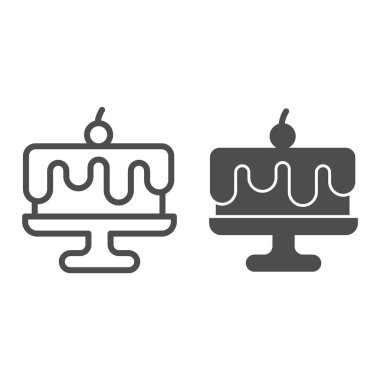 Ayakta duran çikolatalı pasta ve sağlam bir ikon, doğum günü keki konsepti, beyaz arka planda vişne tabelası olan pasta, ana hatları böğürtlen ikonu olan doğum günü tatlısı. Vektör grafikleri.