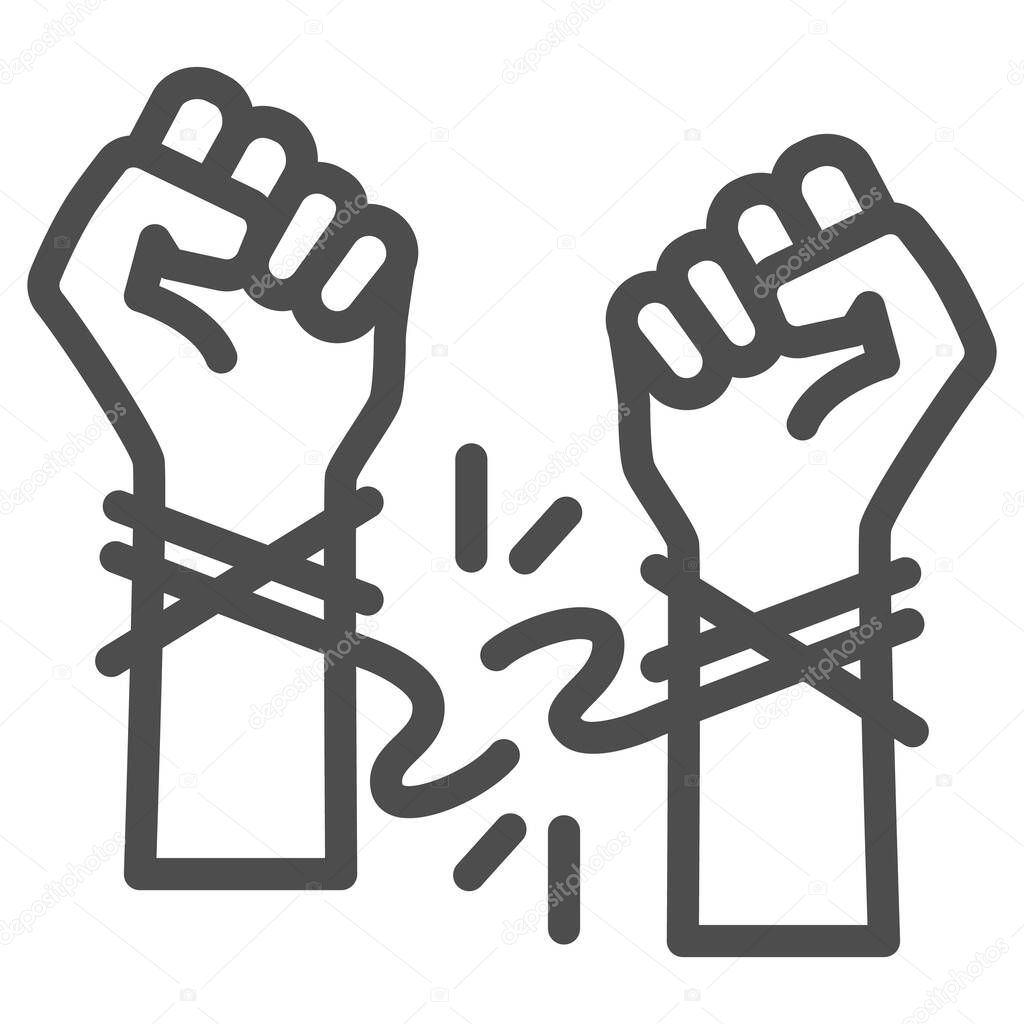 Hands tore the rope line icon, life without addiction concept, anti drug, alcohol, smoking sign on white background, stop bad habits icon in outline style for web design. Vector graphics