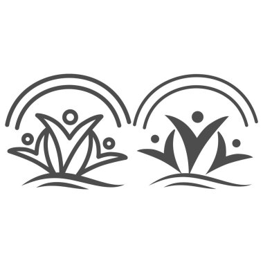 Gökkuşağı çizgisi altındaki mutlu insanlar ve katı bir ikon, bağımlılık konsepti olmayan hayat, beyaz arka planda uyuşturucu karşıtı tabela, gezici konsept için taslak tarzında narkotik özgür insan ikonu. Vektör grafikleri.