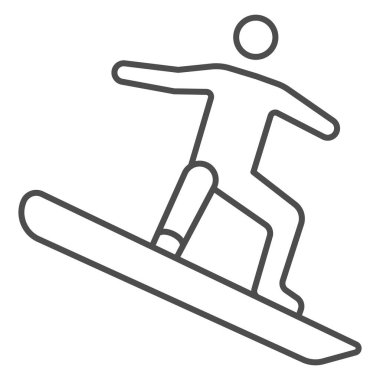 Serbest stil snowboard sporu ince çizgi ikonu, kış sporu konsepti, beyaz arka planda snowboardcu atlama tabelası, snowboardcu atlayışı mobil ve web için taslak stili numaralar ikonu. Vektör grafikleri.