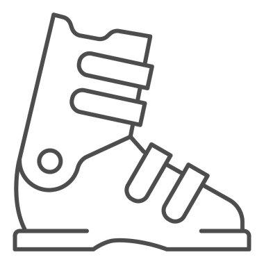 Kayak çizmeleri, ince çizgi ikonu, kış sporları konsepti, beyaz arka planda kış sporları profesyonel ekipman tabelası, mobil konsept ve web tasarımı için ana hatlı kayak ayakkabıları ikonu. Vektör grafikleri.