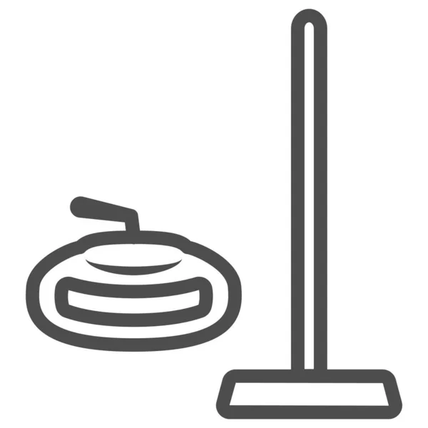 Curling equipment line icon, Winter sport concept, curling stone and rectangular broom sign on white background, Broom and stone for curling icon in outline style. Vektorová grafika. — Stockový vektor