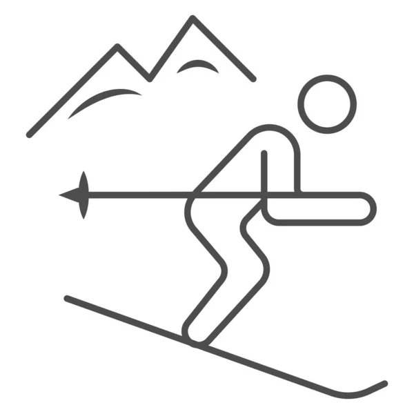 Icono de línea delgada de esquí alpino, concepto de deporte de invierno, signo de esquí de nieve sobre fondo blanco, icono de esquí alpino en estilo de esquema para el concepto móvil y el diseño web. Gráficos vectoriales. — Vector de stock