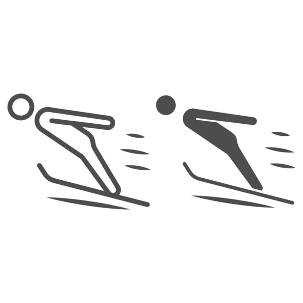 Ligne de saut à ski et icône solide, Concept de sport d'hiver, Panneau de silhouette de saut à ski sur fond blanc, icône de cavalier de tremplin dans le style de contour pour concept mobile et conception web. Graphiques vectoriels. — Image vectorielle