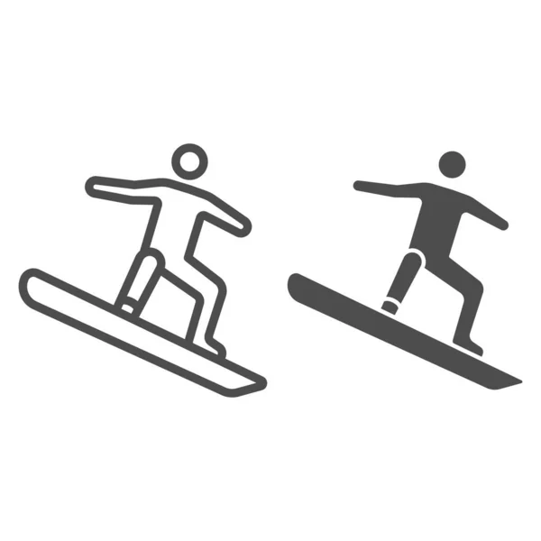 Фрістайл сноубордистська лінія та тверда ікона, концепція зимових видів спорту, сноубордистський сноубордистський знак на білому тлі, сноубордистський стрибок робить значок трюків у контурному стилі для мобільних пристроїв та Інтернету. Векторна графіка . — стоковий вектор