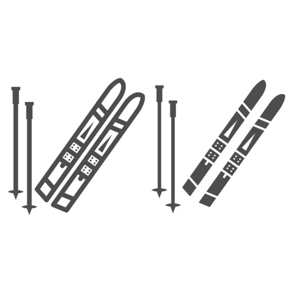 Ligne de bâtons de ski et de bâtons de ski et icône solide, concept de sport d'hiver, panneau d'équipement de ski sur fond blanc, skis de ski de neige et bâtons icône dans le style de contour pour mobile et web design. Graphiques vectoriels. — Image vectorielle