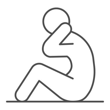 Abdominal antreman, ince çizgi ikonu, nefsi müdafaa kavramı, beyaz arka planda fitness işareti, mobil konsept ve web tasarımı için ana hatlar şeklinde abdominal mekik ikonu yapan sporcu. Vektör grafikleri.