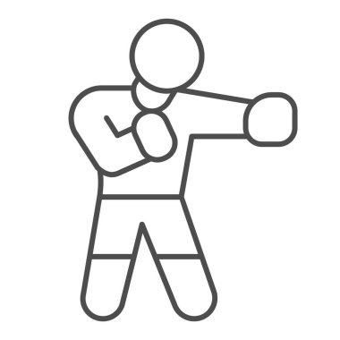 Boks eldivenli boksör ince çizgi ikonu, nefsi müdafaa kavramı, beyaz arka planda sporcu işareti, insan mobil konsept ve web tasarımı için taslak şeklinde sakso ikonu eğitiyor. Vektör grafikleri.