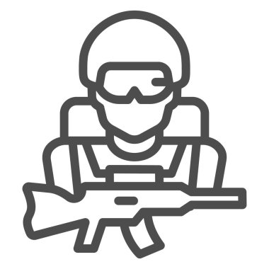 Keskin nişancı çizgisi ikonu, ülke konseptinin vatansever koruması, beyaz arka planda asker işareti, askeri teçhizat ikonu olan adam. Vektör grafikleri.