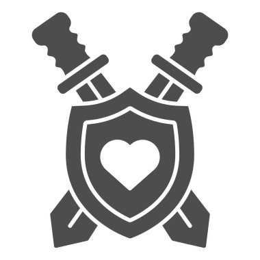 Kalbin katı simgesi olan kalkan ve kılıçlar, kendini savunma kavramı, beyaz arka planda arma işareti, mobil konsept ve web tasarımı için sembol şeklinde ortaçağ amblemi simgesi. Vektör grafikleri.