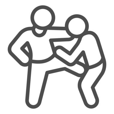 Haydut çizgisi ikonu, nefsi müdafaa kavramı, beyaz arka planda kasık tabelası olan adamı döven adam, ana hatlarıyla saldıran adam ikonu. Vektör grafikleri.