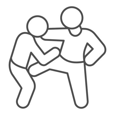 Kendini haydut çizgisi ikonu, nefsi müdafaa kavramı, beyaz arka planda kasık işareti olan adamı döven adam, ana hatlarıyla saldıran adam ikonu. Vektör grafikleri.