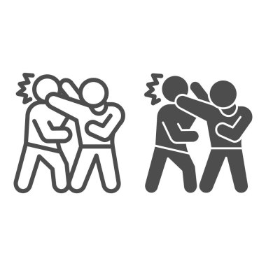 Kendini haydut hattından ve sağlam bir ikon, kendini savunma kavramından koruyan bir adam, beyaz arka planda tabeladaki adamı yendi, web tasarımı için tasarım tarzında kriminal saldırılar yapan adam ikonu. Vektör grafikleri.