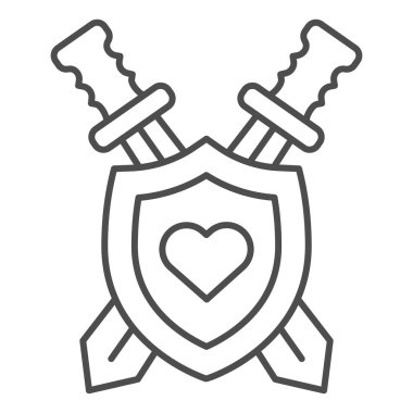 Kalbin ince çizgi ikonuna sahip kalkan ve kılıçlar, nefsi müdafaa kavramı, beyaz arka planda arma işareti, mobil konsept ve web tasarımı için orta çağ amblem simgesi. Vektör grafikleri.