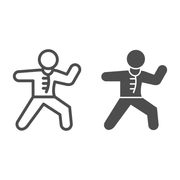 Linea sportiva di karate e icona solida, concetto di autodifesa, segno di calcio di karate su sfondo bianco, icona del maestro di arti marziali in stile contorno per il concetto mobile e il web design. Grafica vettoriale. — Vettoriale Stock