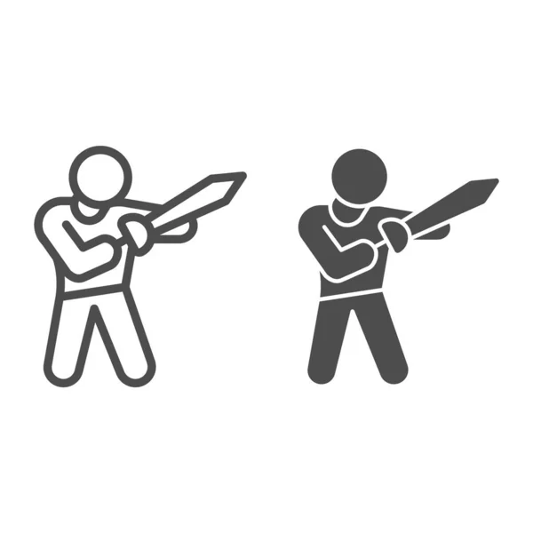 Hombre con línea de espada e icono sólido, concepto de defensa personal, luchador y signo de hoja sobre fondo blanco, arma histórica en manos de icono de chico en el estilo de esquema para el concepto móvil. Gráficos vectoriales. — Vector de stock